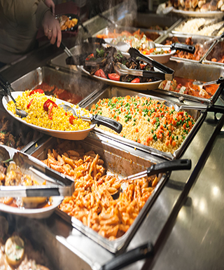 buffet tray with noodles and fried rice