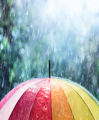 Rainbow umbrella in the rain