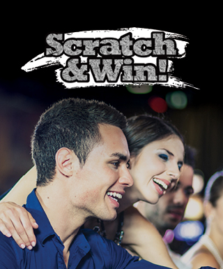 scratch and win logo with woman looking over man